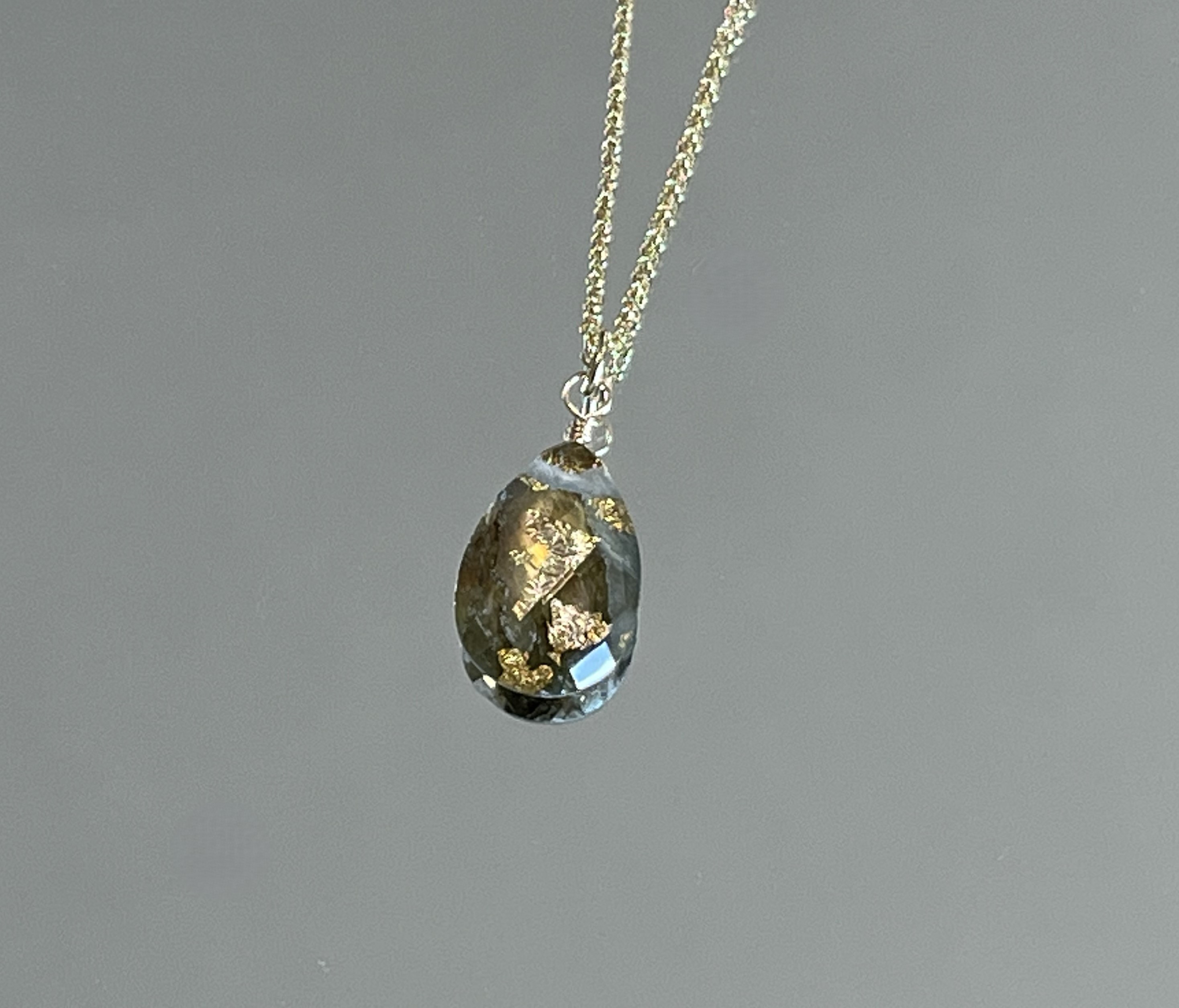 クリスタル（水晶）＆ラブラドライトのタブレットストーン　ネックレス　14kgf