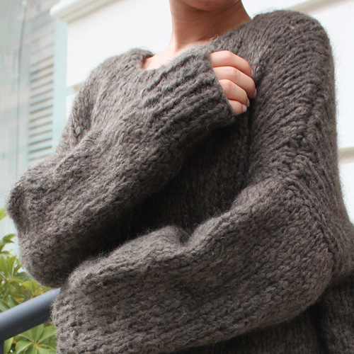新色◉軽ふわ手編みニット◉モヘアショートセーター グレイッシュ