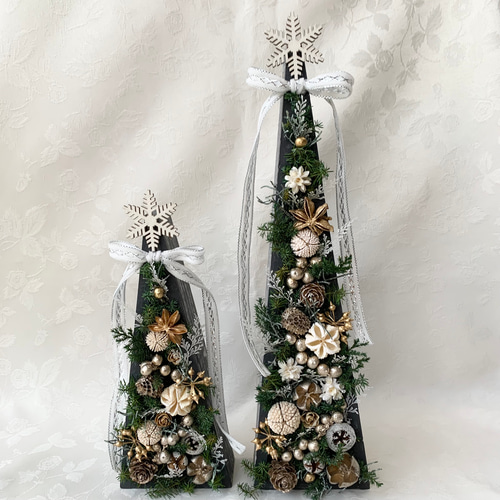 クリスマスツリー2個セット✤ホワイトリボン✤プリザーブドグリーンと