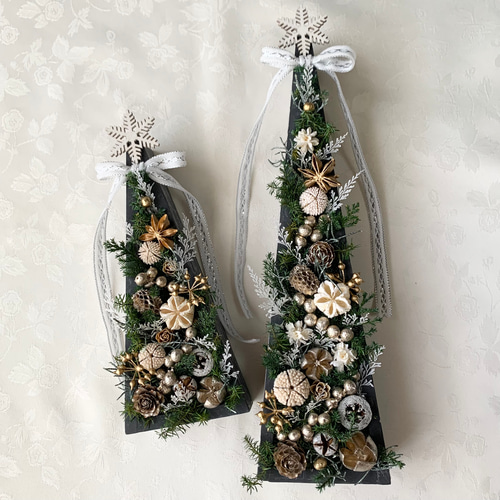 クリスマスツリー2個セット✤ホワイトリボン✤プリザーブドグリーンと