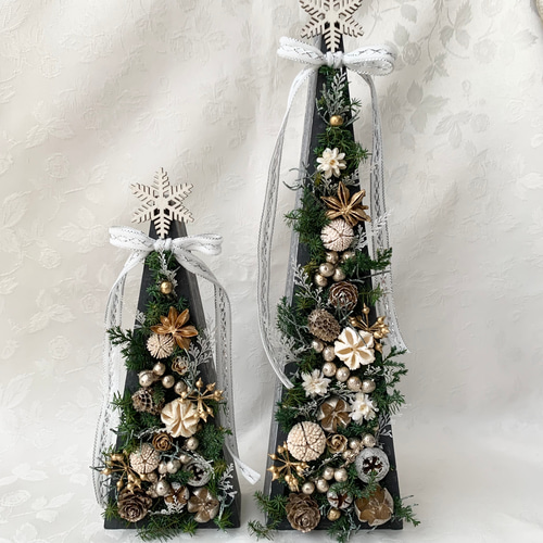 クリスマスツリー2個セット✤ホワイトリボン✤プリザーブドグリーンと