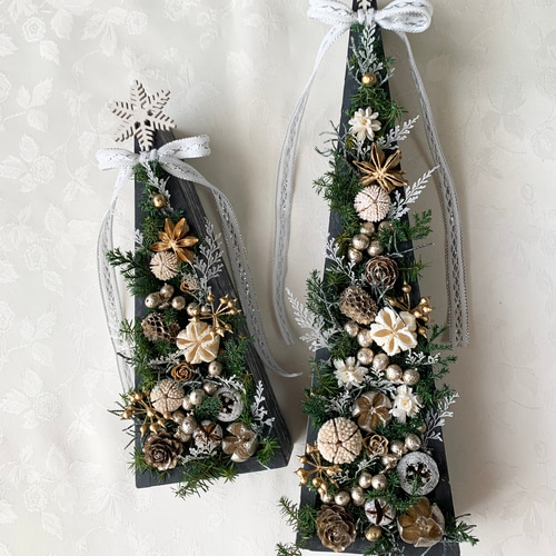 クリスマスツリー2個セット✤ホワイトリボン✤プリザーブドグリーンと
