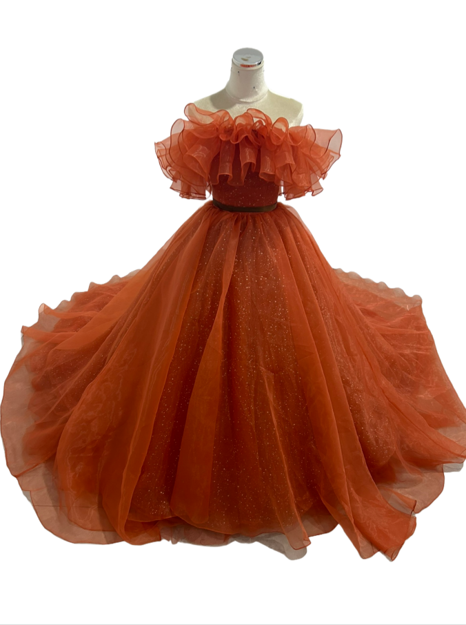 カラードレス 取り外し可能なオフショルダー テラコッタ キラキラドレス 上質オーガンジー  編み上げ