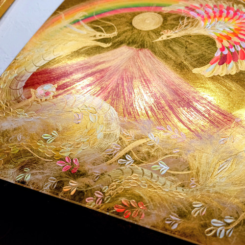 風水吉祥絵画＊黄金来光 虹 雲海赤富士～龍神と鳳凰～三つ巴 活性 豊か