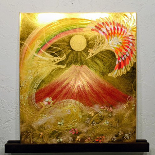 ヒーリング風水絵画＊虹色鳳凰～風光明媚～花舞飛翔　金運　癒し安定　くじ運　原画 風水幸運絵画＊来福虹色鳳凰飛来金富士 金運 子宝 恋愛結婚愛情 商売繁盛