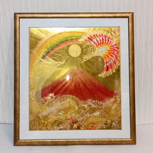風水吉祥絵画＊黄金来光 虹 雲海赤富士～龍神と鳳凰～三つ巴 活性 豊か