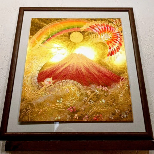 風水絵画⭐︎ストロベリームーン金波動龍 雲海桃富士木花咲耶姫 特大色紙 風水吉祥絵画＊黄金来光 虹 雲海赤富士～龍神と鳳凰～三つ巴 活性 豊か