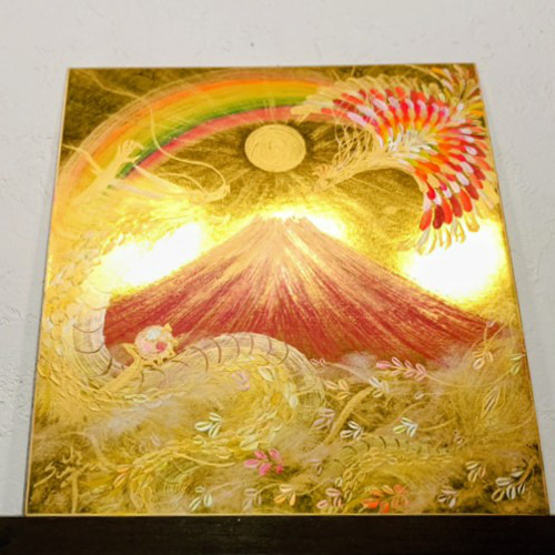 風水吉祥絵画＊黄金来光 虹 雲海赤富士～龍神と鳳凰～三つ巴 活性 豊か