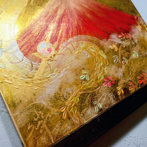 風水吉祥絵画＊黄金来光 虹 雲海赤富士～龍神と鳳凰～三つ巴 活性 豊か