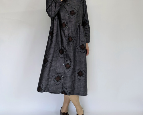 着物リメイク 大島紬 前開き ワンピース ジャケットとしても