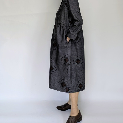 着物リメイク 大島紬 前開き ワンピース ジャケットとしても