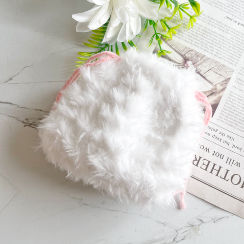 ふわふわ巾着 バック ポーチ 白 A2 ふわふわ 巾着 ポーチ 秋 冬 ホワイト 白 巾着袋 わたちゃん 通販