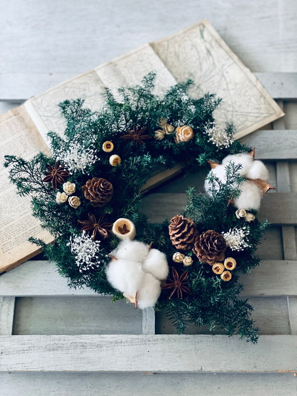 早割り　Мサイズ　プリザーブドフラワー　クリスマスリース　アジサイリース　Xmas　結婚祝い　新築祝い　紫陽花　　開店祝 4枚目の画像