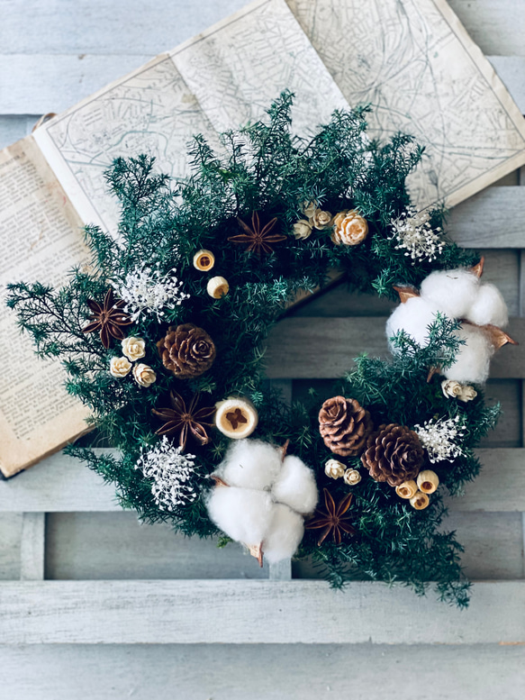 早割り　Мサイズ　プリザーブドフラワー　クリスマスリース　アジサイリース　Xmas　結婚祝い　新築祝い　紫陽花　　開店祝 1枚目の画像