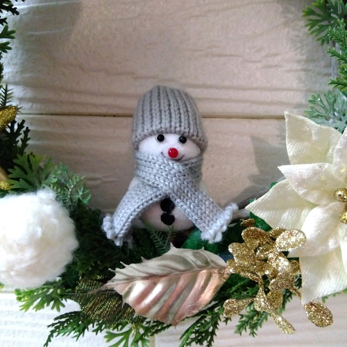 布リース*ゆきだるまさん flakes*　ふわまるリース　クリスマス 布リース*ゆきだるまさん flakes* ふわまるリース クリスマス