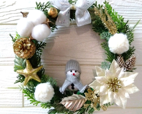 布リース*ゆきだるまさん flakes*　ふわまるリース　クリスマス 布リース*ゆきだるまさん flakes* ふわまるリース クリスマス 布リース