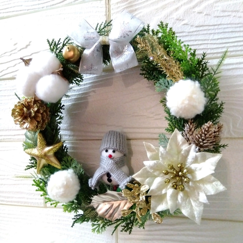 xmas クリスマスリース キラキラ モコモコ 雪だるま ホワイト リース