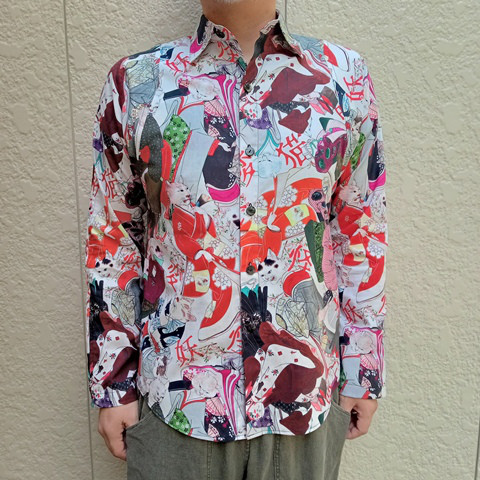 長袖和柄シャツ（化け猫）