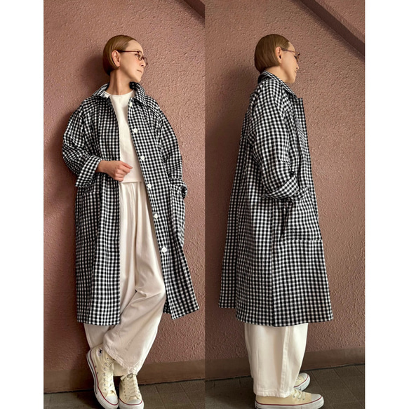 長さ選べる❤️着心地軽いギンガムコート❤️個性的な高見え素材❤️カジュアル＆モード❤️伸縮性ギンガムチェック 7枚目の画像