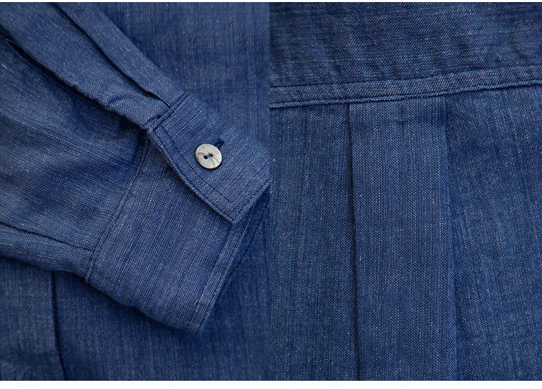 リネンロングシャツ ミニマルデザイン 一枚ボタン 秋冬新作 テンセルリネン 上品なシルエット #青色