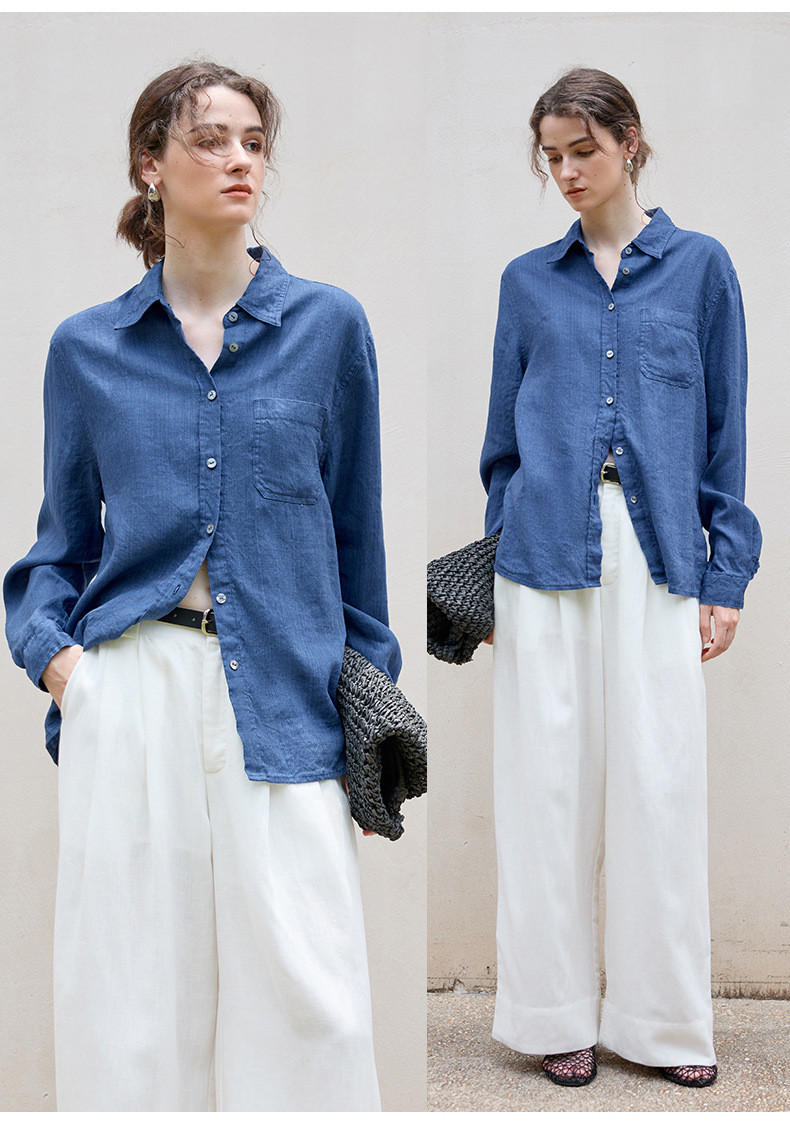 リネンロングシャツ ミニマルデザイン 一枚ボタン 秋冬新作 テンセルリネン 上品なシルエット #青色