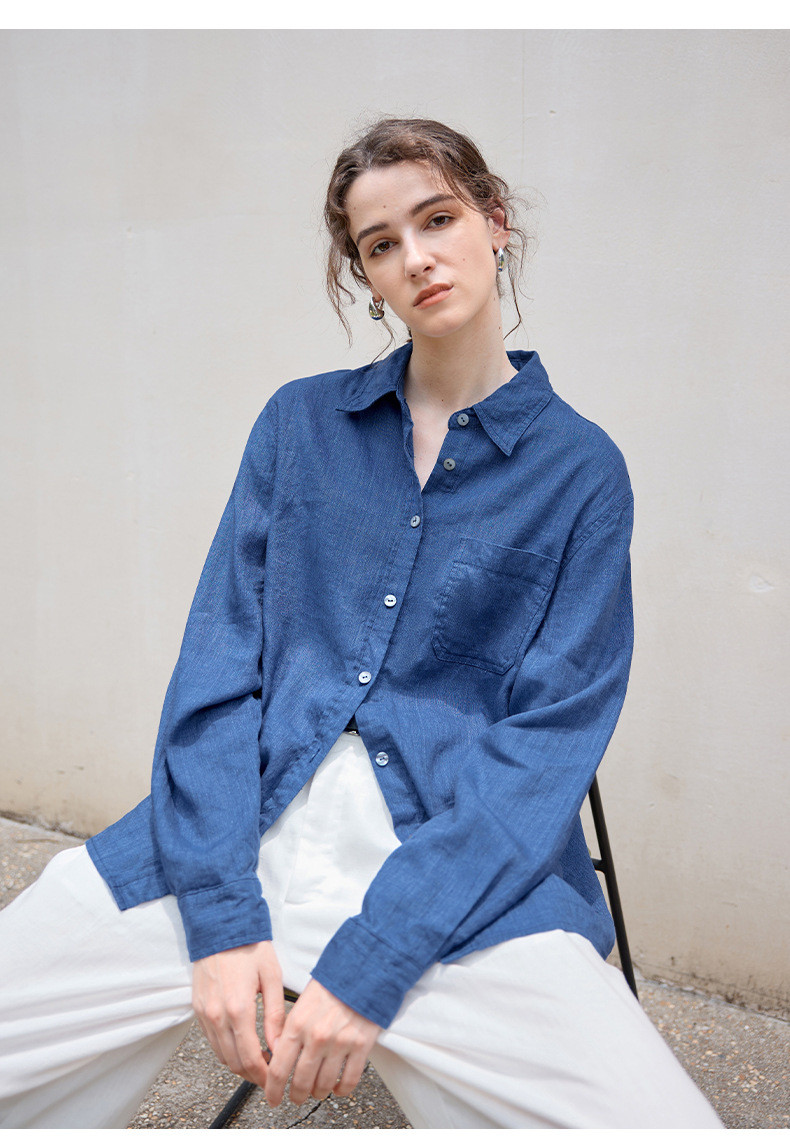 リネンロングシャツ ミニマルデザイン 一枚ボタン 秋冬新作 テンセルリネン 上品なシルエット #青色