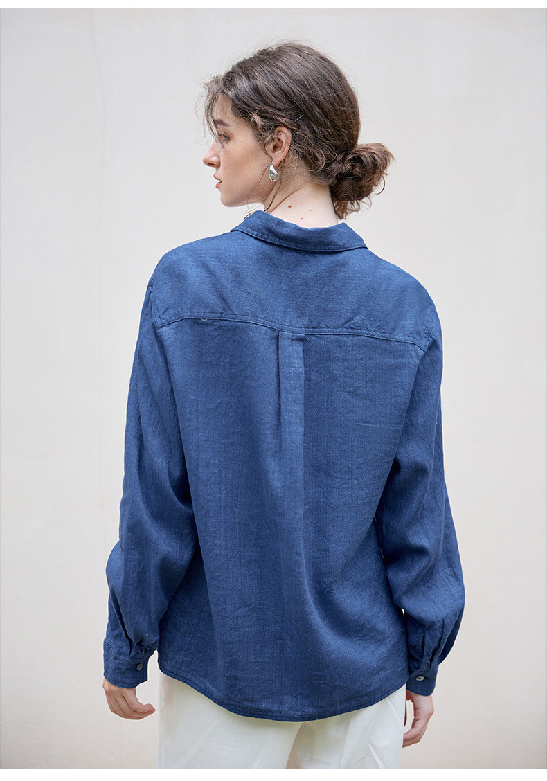リネンロングシャツ ミニマルデザイン 一枚ボタン 秋冬新作 テンセルリネン 上品なシルエット #青色