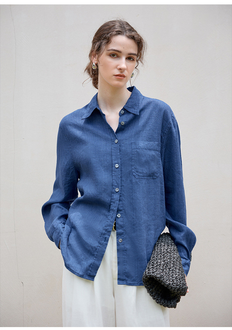 リネンロングシャツ ミニマルデザイン 一枚ボタン 秋冬新作 テンセルリネン 上品なシルエット #青色