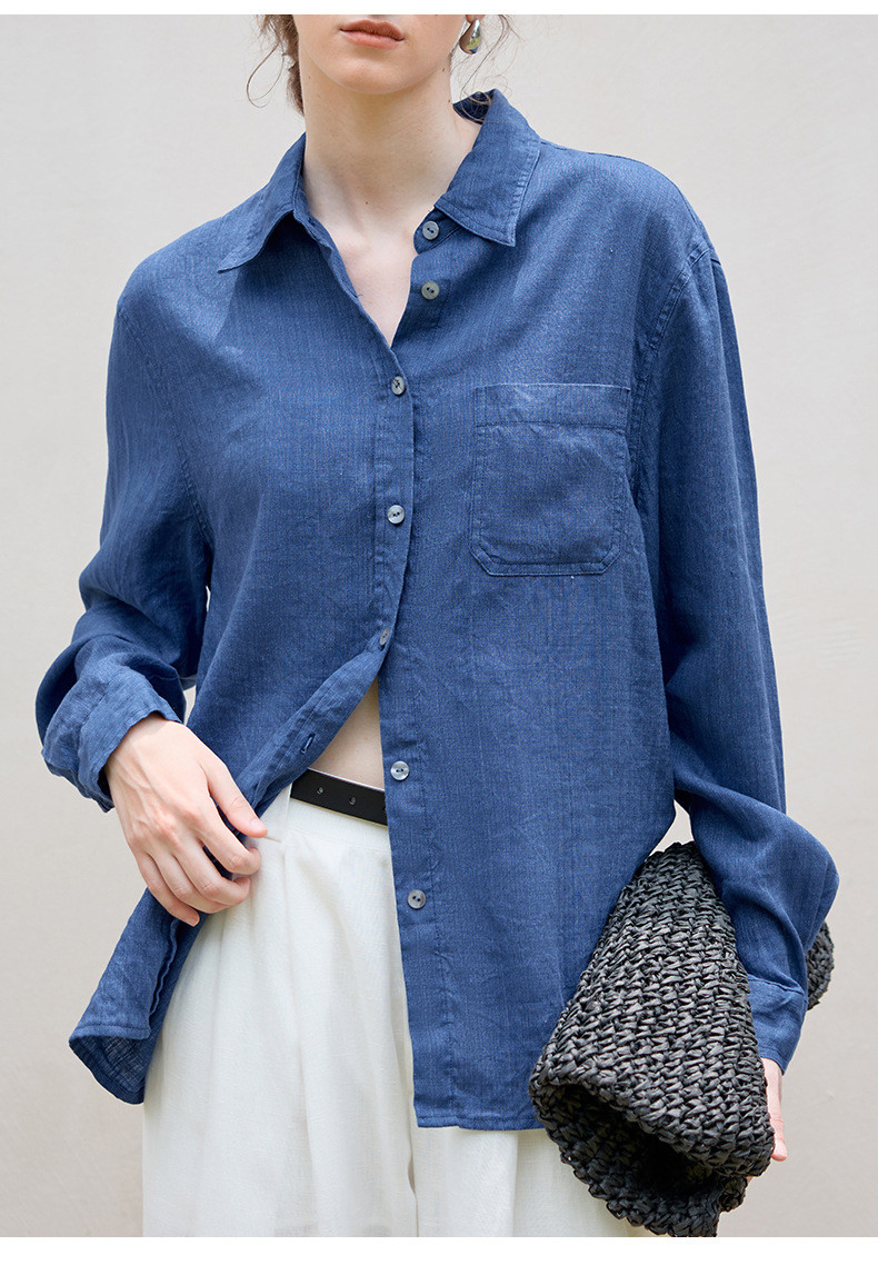 リネンロングシャツ ミニマルデザイン 一枚ボタン 秋冬新作 テンセルリネン 上品なシルエット #青色