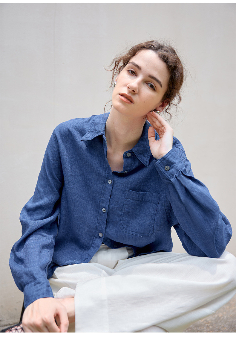 リネンロングシャツ ミニマルデザイン 一枚ボタン 秋冬新作 テンセルリネン 上品なシルエット #青色