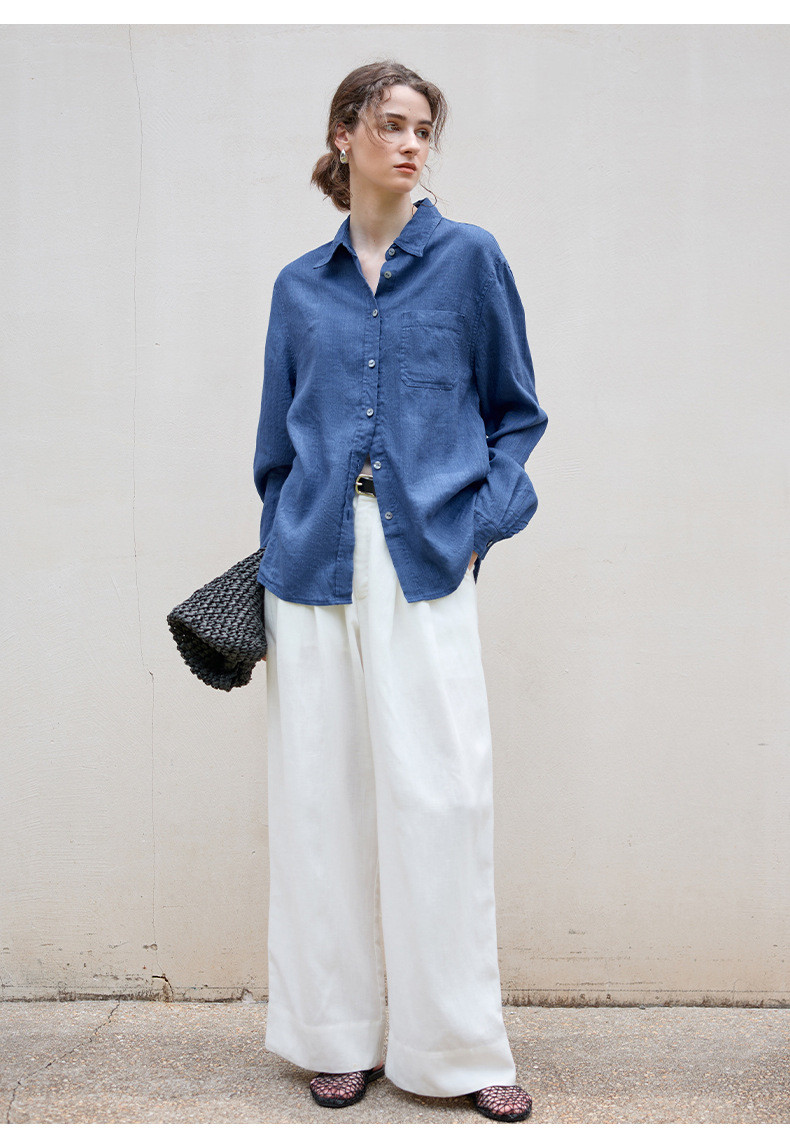 リネンロングシャツ ミニマルデザイン 一枚ボタン 秋冬新作 テンセルリネン 上品なシルエット #青色