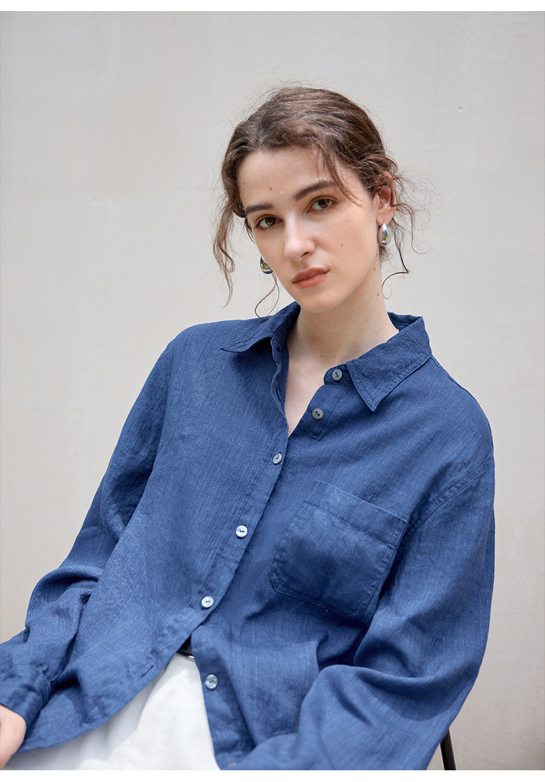 リネンロングシャツ ミニマルデザイン 一枚ボタン 秋冬新作 テンセルリネン 上品なシルエット #青色