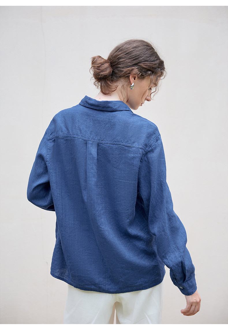リネンロングシャツ ミニマルデザイン 一枚ボタン 秋冬新作 テンセルリネン 上品なシルエット #青色