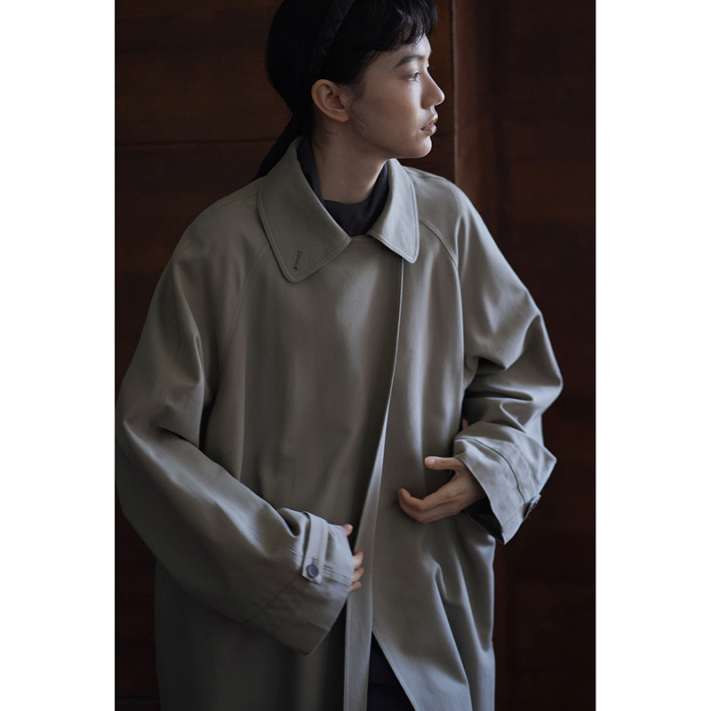 秋の定番 ロングトレンチコート ゆったり着やせシルエット オフィスカジュアル　グレーグリーン　S-L#764