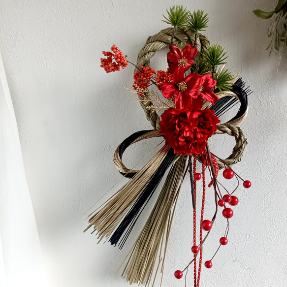 大きな芍薬とお花のしめ縄リース しめ飾り しめ縄リース お正月飾り