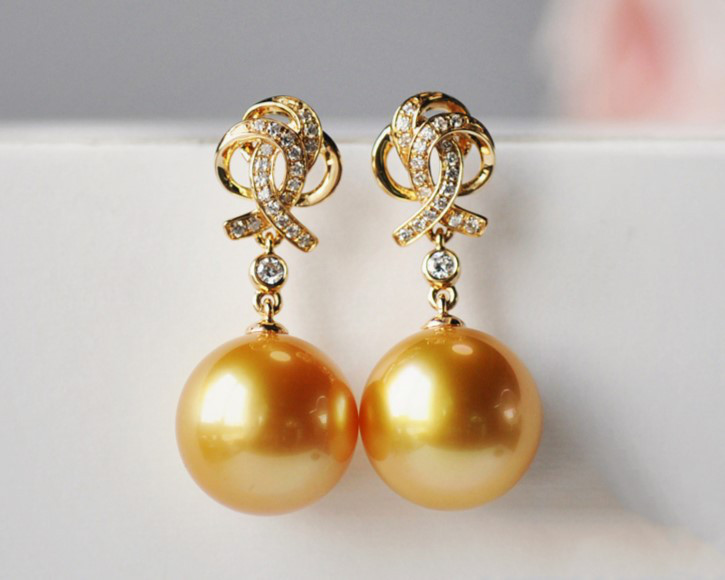 【ルミナ】12～13mm天然南洋ゴールデンパールイヤリング、18Kゴールド、ダイヤモンド付き、新ビューティーシリーズ、絶妙でエレ