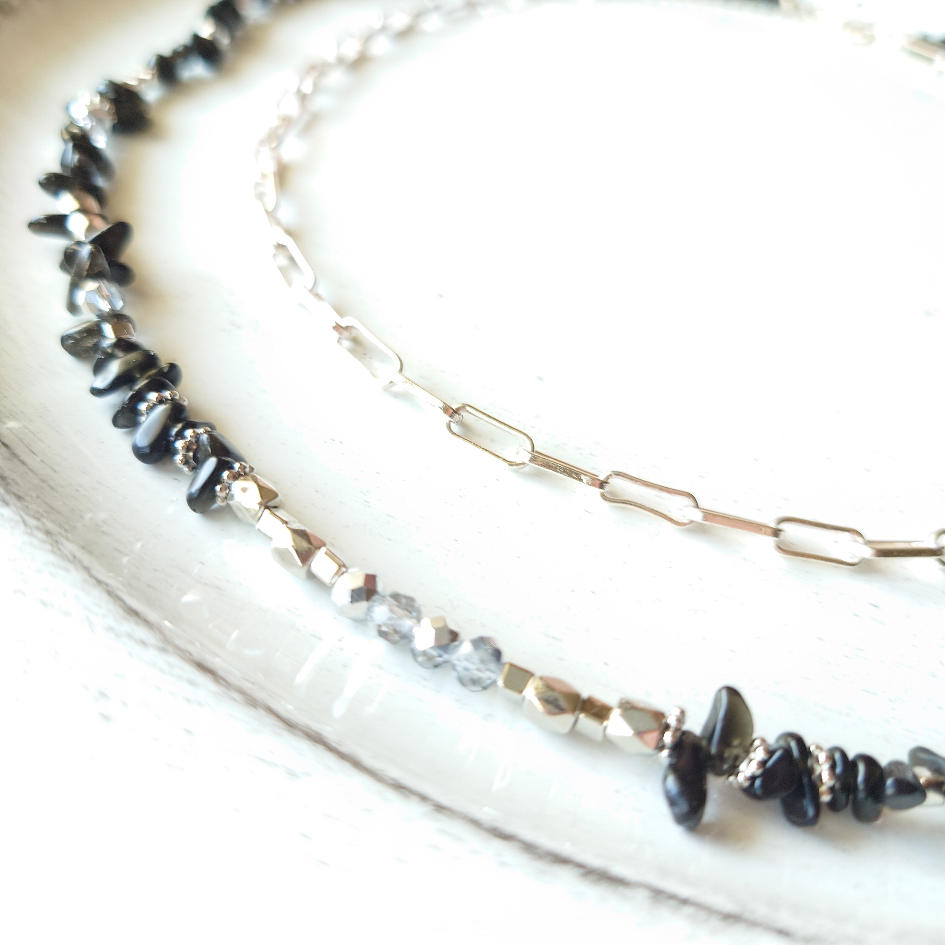 オニキス長めネックレスとチェーンネックレス2連セット 夏の終わりから秋へ モノトーン 2way ブラック