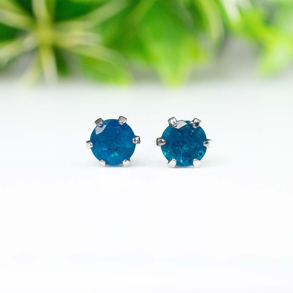 ネオンブルーアパタイト・ピアス　5mm（1ペア）No.2 1枚目の画像