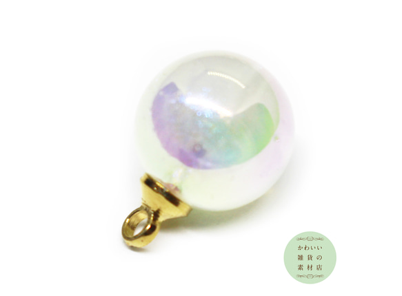 模造オーロラ（レインボー）パール（丸型/ラウンド）のチャーム（真鍮製ゴールドカラーループ付）4個セット #C-0382 2枚目の画像
