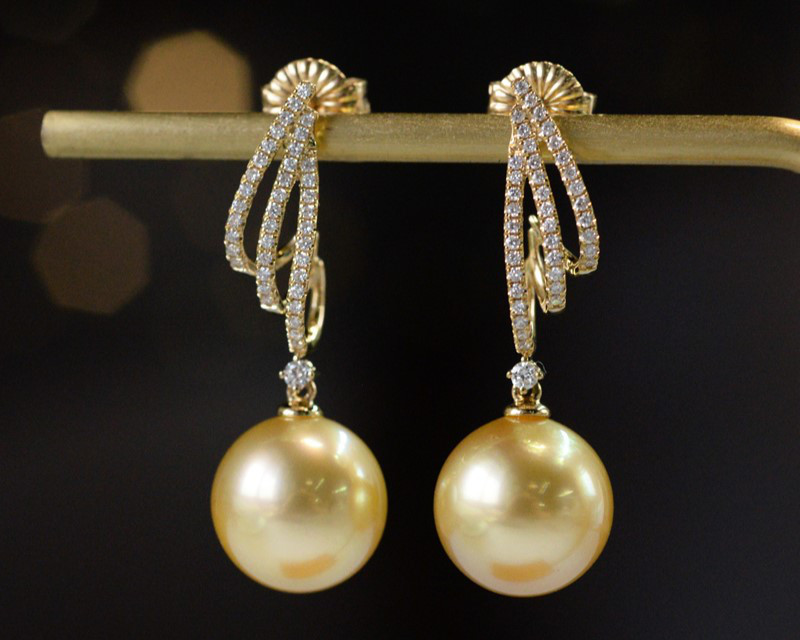 【ルミナ】10～12mm天然南洋サンセットゴールデンパールイヤリング、18Kゴールドダイヤモンドセットドロップイヤリング、絶妙な