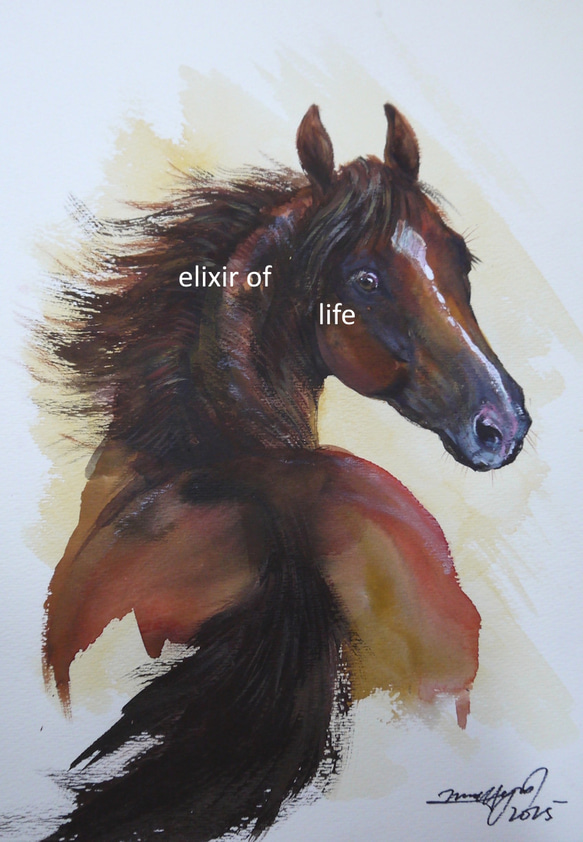 振り向く栗毛の馬2025（アクリル、水彩、高級水彩画用紙A4サイズ