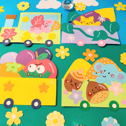 画用紙 秋 汽車 色紙 壁面 アルバム 飾り ～秋の汽車に乗って♪～ 猫
