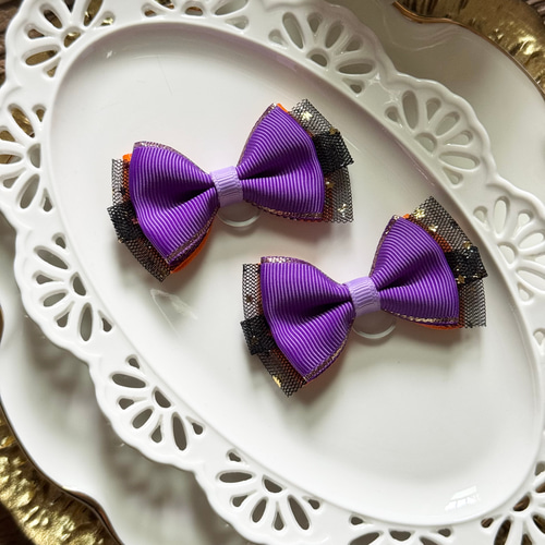 犬用リボン】ハロウィン リボン 紫×オレンジ×黒 リボンゴム ハロウィン