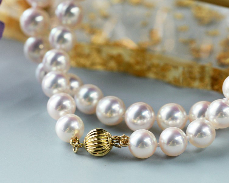 【ルミナ】7.5-8mm 日本製 大阪産 天然アコヤホワイト海水真珠ネックレス 18Kゴールドフラワービーズシリーズ 絶妙でエレ