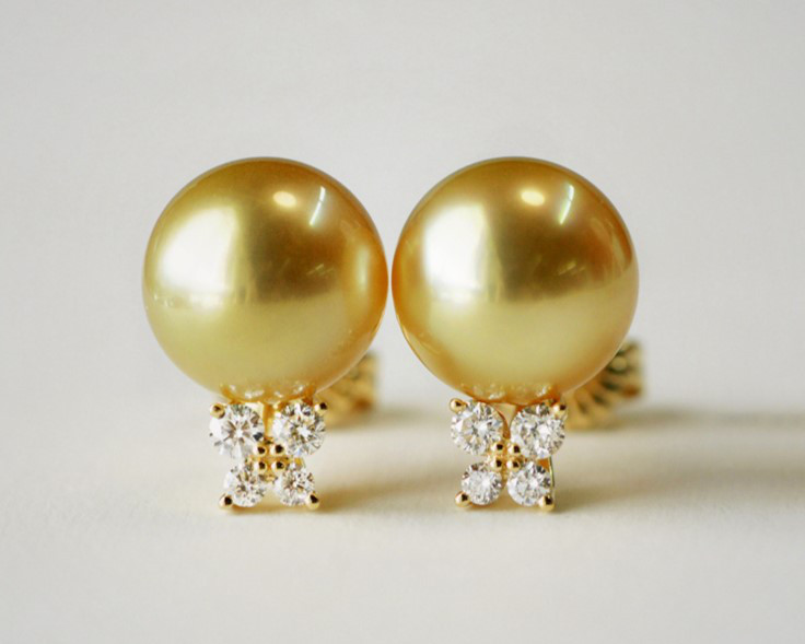 【ルミナ】9-10mm天然南洋ゴールデンパールスタッドピアス、18Kゴールド、ダイヤモンド付き、ハイエンドシリーズ、絶妙でエレガ