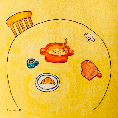 朝の食卓」原画 ※木製額縁入り（18㎝角）一点物 水彩 イラスト 北欧