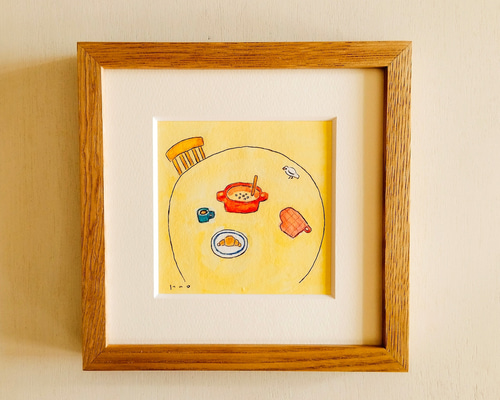 朝の食卓」原画 ※木製額縁入り（18㎝角）一点物 水彩 イラスト 北欧