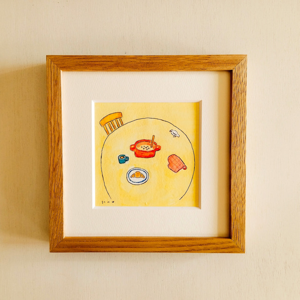 朝の食卓」原画 ※木製額縁入り（18㎝角）一点物 水彩 イラスト 北欧