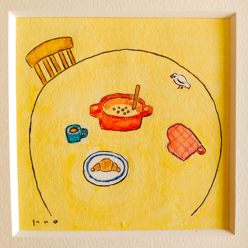 朝の食卓」原画 ※木製額縁入り（18㎝角）一点物 水彩 イラスト 北欧