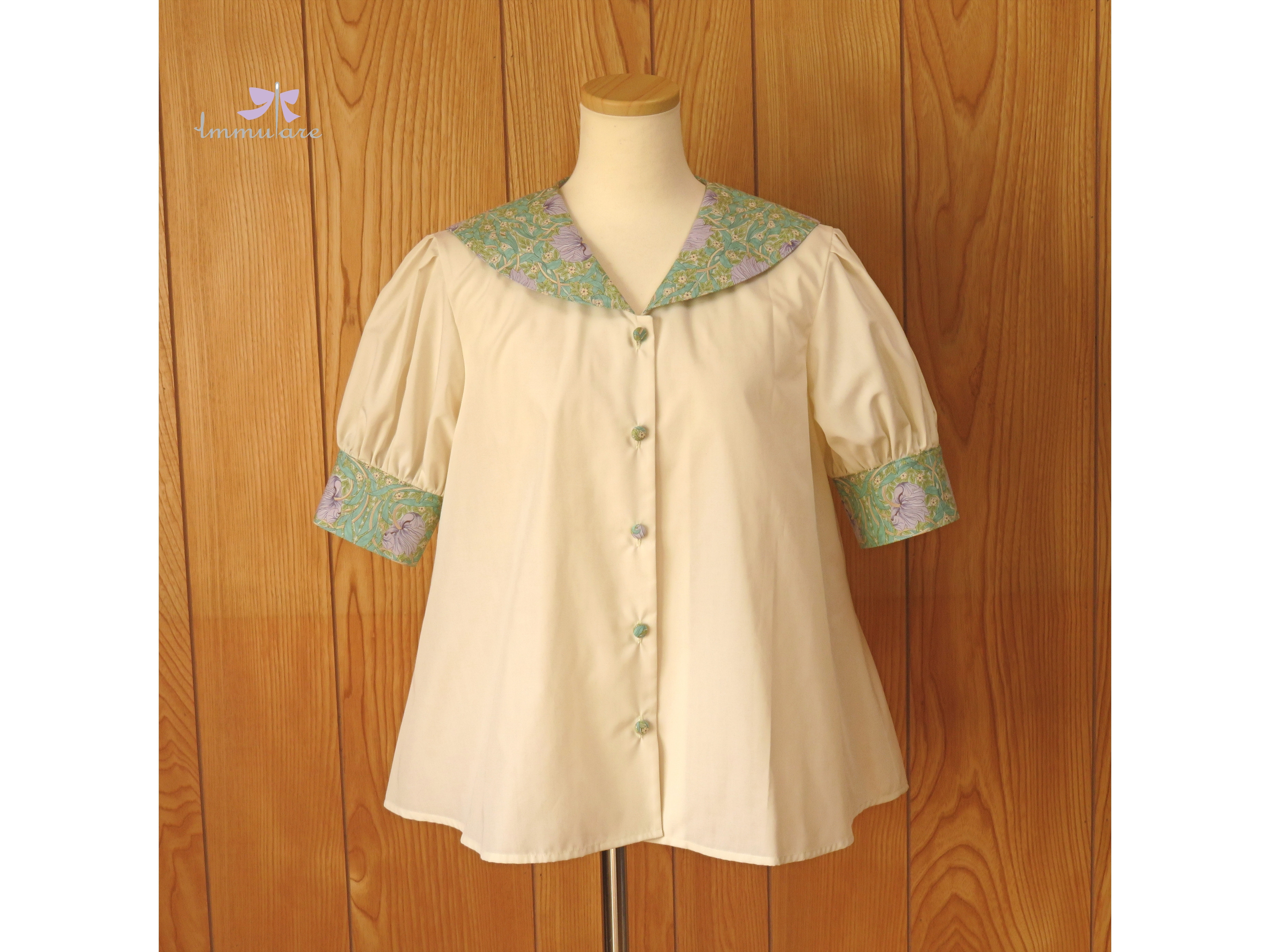 プリント衿バイカラーセーラーブラウス（ラベンダー系）【moda fabrics／William Morris生地使用】